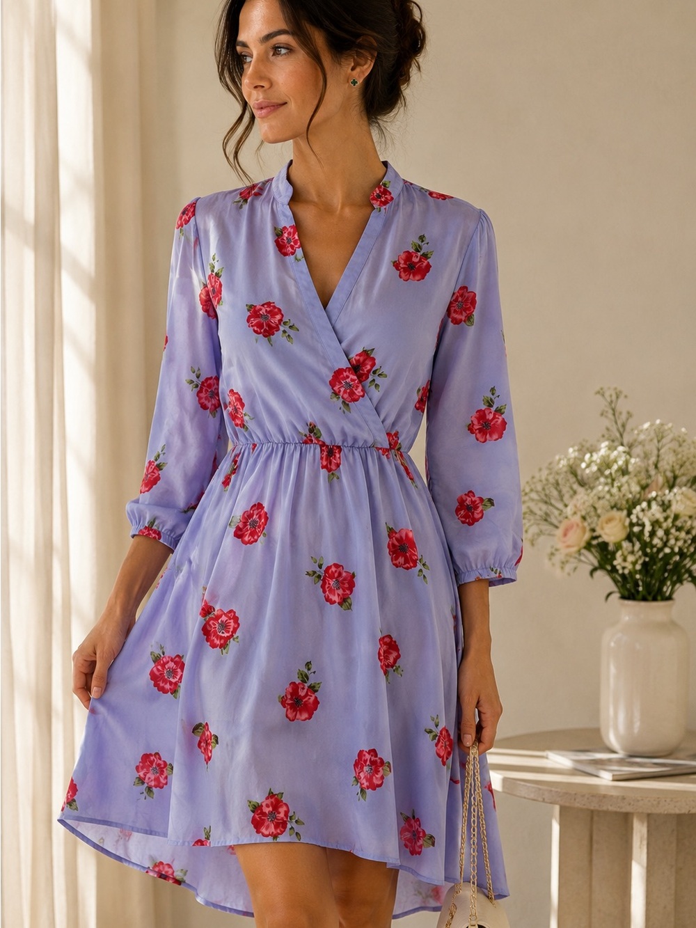 Size M: Lilac Floral Rose Wrap Mini Dress Cottagecore Romantic Summer